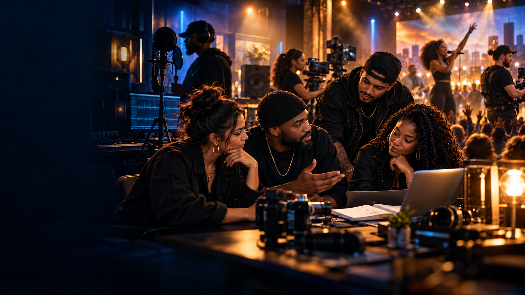 A creative production team mentoring young storytellers in a studio and live-event setting
